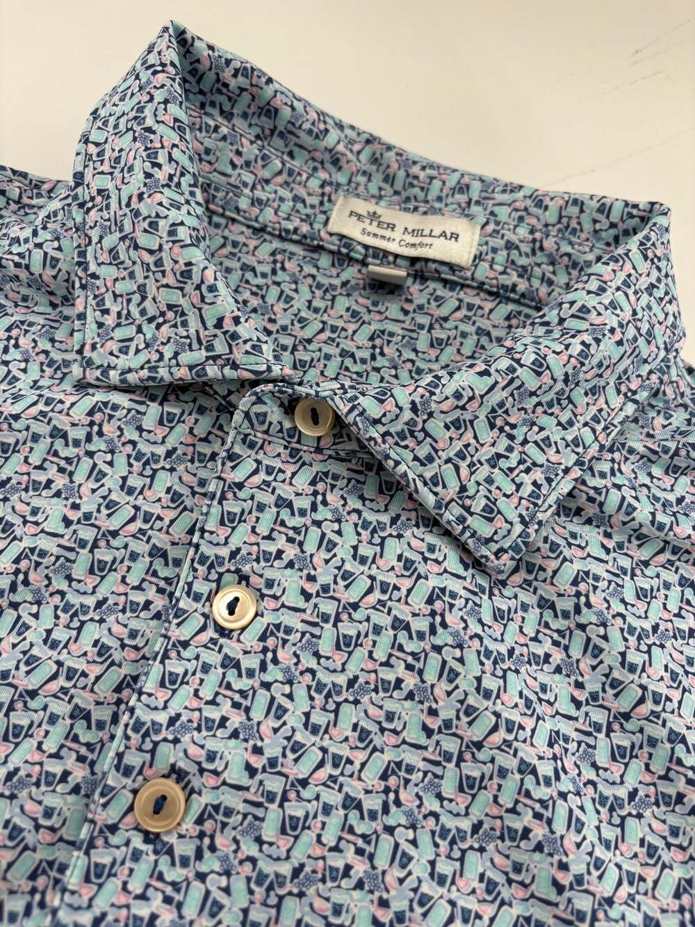 Peter Millar Mens L Polo Navy Mint Pink Cocktail Print Watersound Club Golf